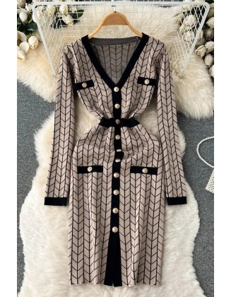 Women Dress Fashion V-neck Buttons Split Knitted Sweater Dress