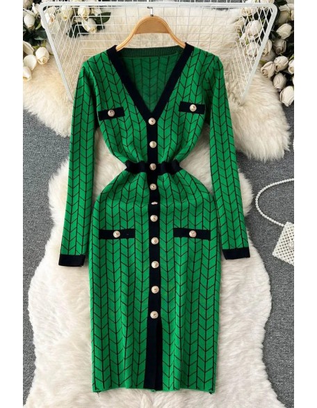 Women Dress Fashion V-neck Buttons Split Knitted Sweater Dress