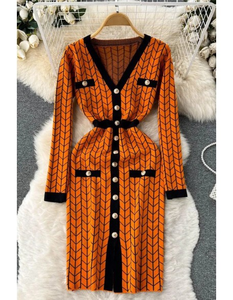 Women Dress Fashion V-neck Buttons Split Knitted Sweater Dress