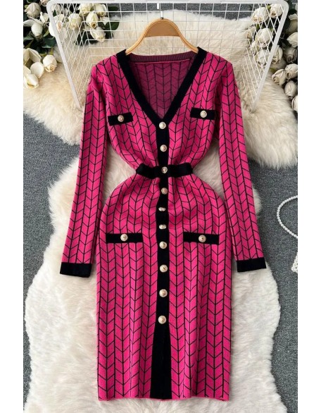 Women Dress Fashion V-neck Buttons Split Knitted Sweater Dress