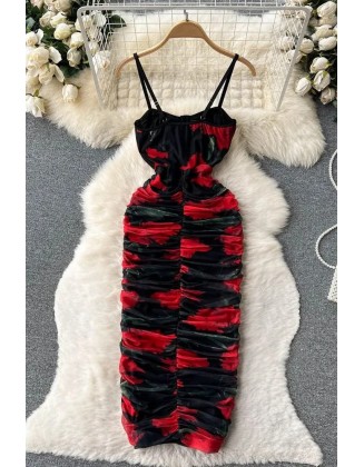 Fashion Women Floral Print Chiffon Long Dress High Waist Straps Sexy Package Hips Robe Bodycon Party Vestidos