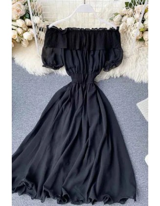 Women Dress Fashion Off Shoulder Chiffon Dress Solid Vestidos Short Puff Sleeve Ruffles Holiday Dress