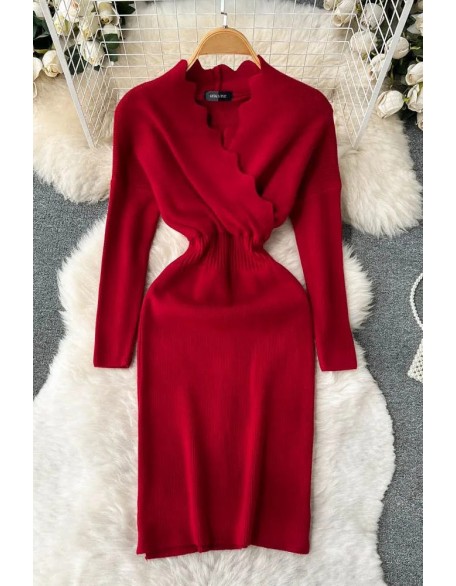 Cross V-neck Elegant Knit Sweater Dress Women Elastic Waist Long Sleeve Ladies Dress