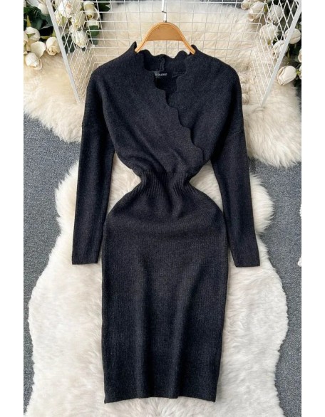 Cross V-neck Elegant Knit Sweater Dress Women Elastic Waist Long Sleeve Ladies Dress