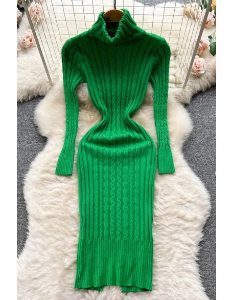 Women Turtleneck Twist Knitted Bodycon Dress Fashion Wrap Hips Dress