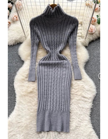 Women Turtleneck Twist Knitted Bodycon Dress Fashion Wrap Hips Dress