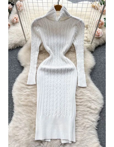 Women Turtleneck Twist Knitted Bodycon Dress Fashion Wrap Hips Dress