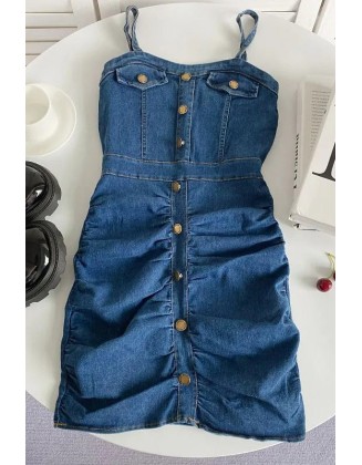 Women Fashion Slim Waist Denim Dress Single-breasted Strap Ruched Bodycon Dress