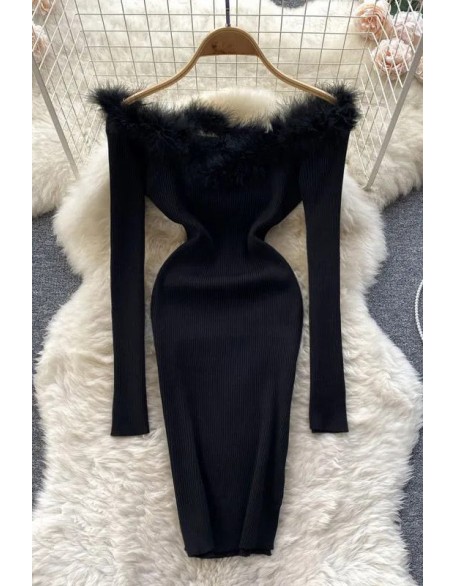 Women Dress Fashion Fur Patchwork Off Shoulders Knitted Sweater Dress Slim Elastic Mini Party Dress