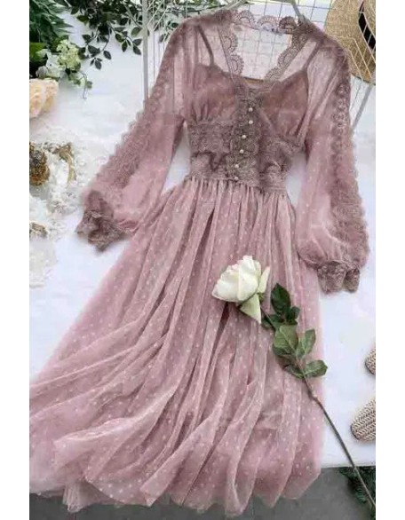 Fashion Gothic Party Lace Long Dress Women Romantic Pink Polka Dot Mesh Dress Tunic Long Sleeve Dress