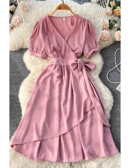 Women Elegant Puff Sleeve Lace-up Wrap Robe Femme Casual A-Line Long Dress