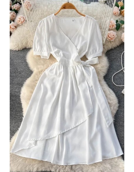 Women Elegant Puff Sleeve Lace-up Wrap Robe Femme Casual A-Line Long Dress