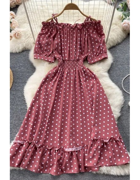 Polka Dot Women Dress Casual Off Shoulder Sling Straps Elastic Corset Ruffles Hem Party Dress