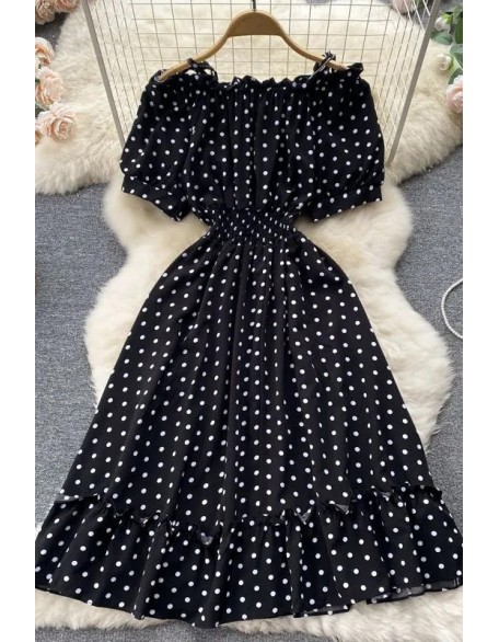 Polka Dot Women Dress Casual Off Shoulder Sling Straps Elastic Corset Ruffles Hem Party Dress