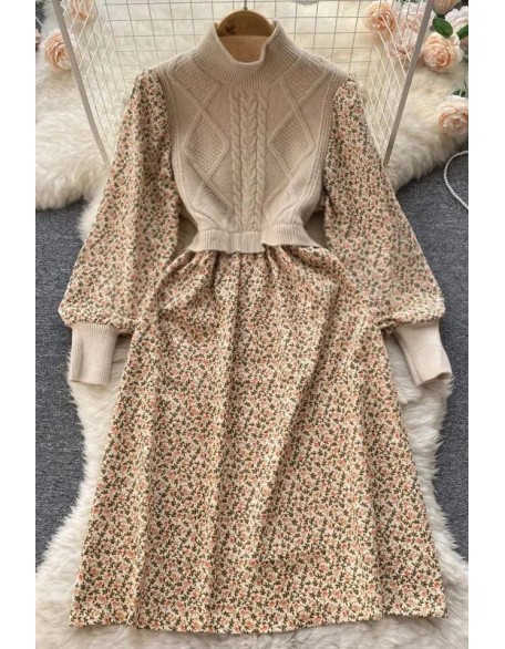 Women Dress Elegant Fake Two Piece Set Floral Print Knitted Patchwork Long Dress Vintage Dress