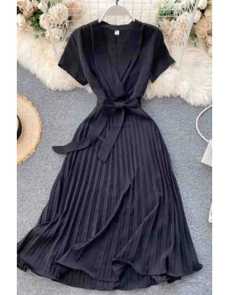 Office Dress V Neck Solid Bandage Dress Midi Long Elegant Pleated Work Dress Ladies Party Dress Sundress