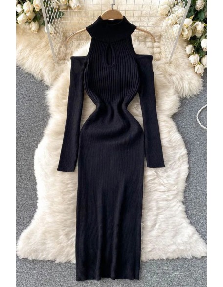 Fashion Off Shoulders Long Sleeve Women Dress Bodycon Knitted Sweater Dress