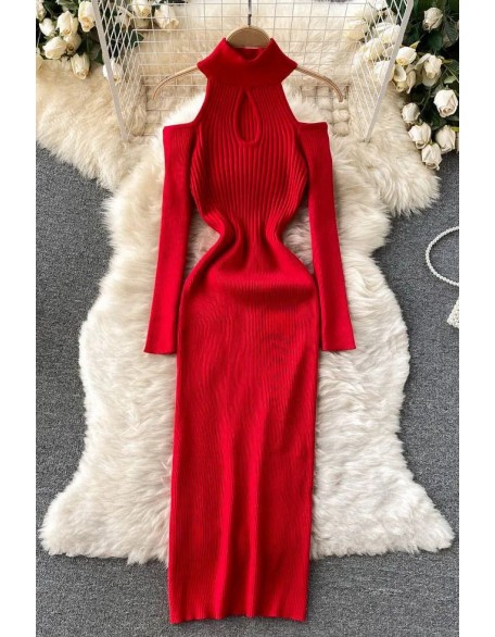 Fashion Off Shoulders Long Sleeve Women Dress Bodycon Knitted Sweater Dress