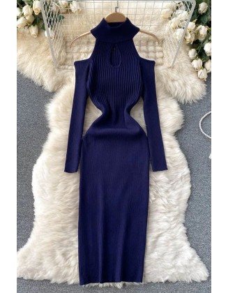 Fashion Off Shoulders Long Sleeve Women Dress Bodycon Knitted Sweater Dress