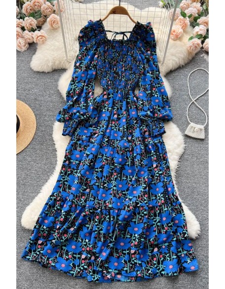 Elegant Flower Print Long Women Dress Square Collar Puff Sleeve Party Female Vestidos Dress