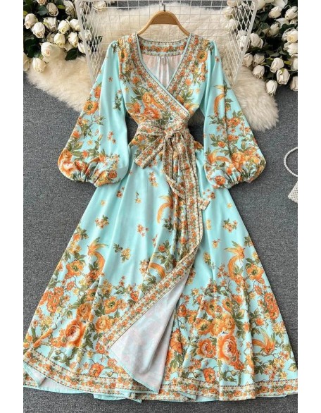 Romantic Floral Print Sash Bandage Long Dress Women Elegant Puff Sleeve Party Dresses