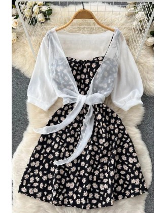 Fashion Daisy Flower Print Two Piece Set Women Dress Strap Vacation Short Dress and White Shawl