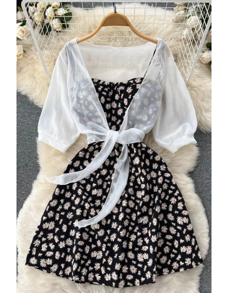 Fashion Daisy Flower Print Two Piece Set Women Dress Strap Vacation Short Dress and White Shawl