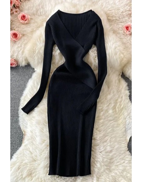 Women Dress Elegant Cross V-neck Slim Waist Knitted Bodycon Dress