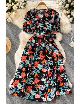 Luxury Floral Woman Dress Casual V-neck Sash Bandage Wrap Dress Boho Print Beach Vacation Dress