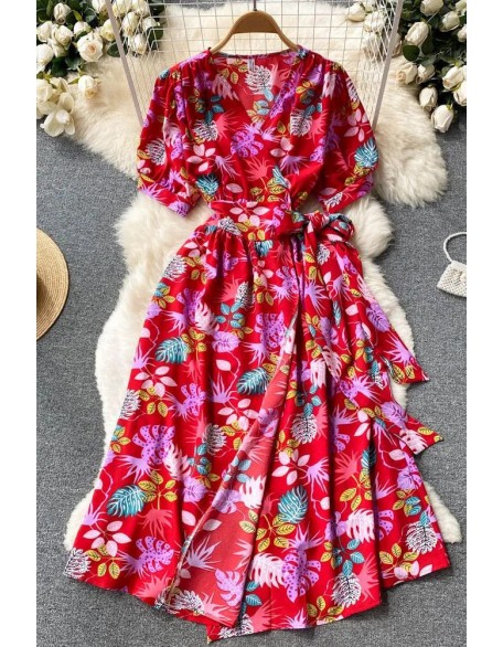 Luxury Floral Woman Dress Casual V-neck Sash Bandage Wrap Dress Boho Print Beach Vacation Dress