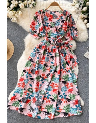 Luxury Floral Woman Dress Casual V-neck Sash Bandage Wrap Dress Boho Print Beach Vacation Dress