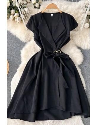 Women Dress Elegant Turn-down Collar Asymmetrical A-line Wrap Dress Fashion Shirt Female Dress