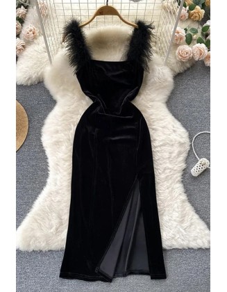 Elegant Women Dress Fashion Fur Patchwork Straps Velvet Bodycon Vestidos Lady Party Vestidos Dress