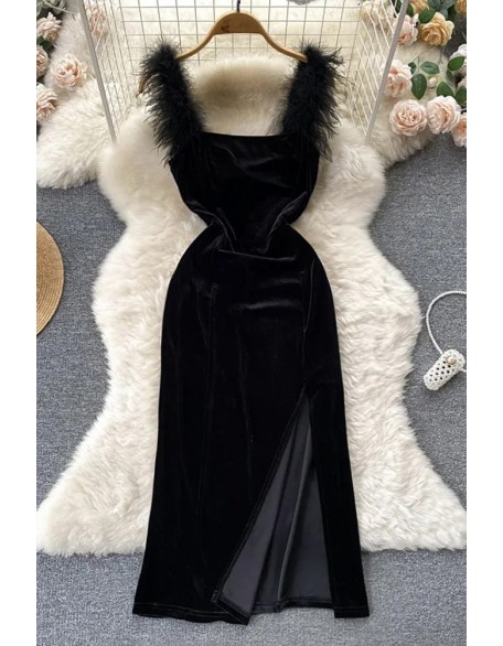 Elegant Women Dress Fashion Fur Patchwork Straps Velvet Bodycon Vestidos Lady Party Vestidos Dress