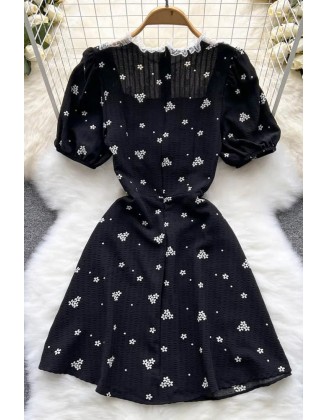 Lace Patchwork Women Mini Dress Retro Gothic Floral Print Puff Sleeve Dress