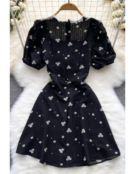 Lace Patchwork Women Mini Dress Retro Gothic Floral Print Puff Sleeve Dress