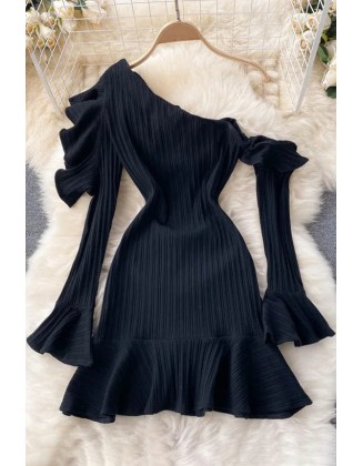 Fashion Women Princess Black Mini Dress Diagonal Collar High Waist Ruffles Dress Flare Sleeve Party Dress