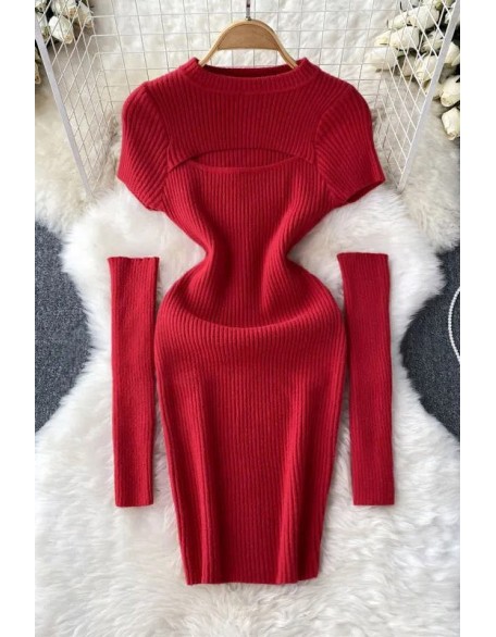 Women Dress Set Fashion Hollow Out Short Sleeve Knitted Mini Dress with Cuffs Two Piece