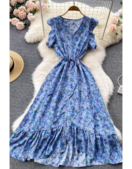 Fashion Floral Print Women Dress Casual Ruffled Sleeveless Elastic Waist Asymmetrical Long Dress