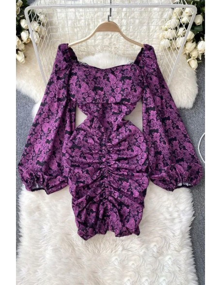 Package Hips Mini Dress Elegant Lantern Sleeve Floral Print Bodycon Dress