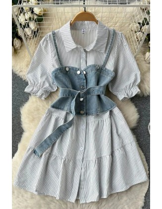 Women Dress Set Retro Gothic Denim Vests + Striped Short Shirt Dress 2 pcs Sets