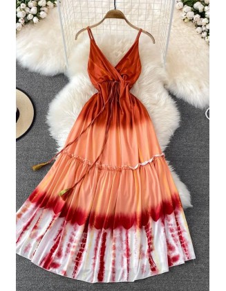 Fashion Tie Dye Print Long Dress Women Elegant High Waist Backless Straps Beach Dress