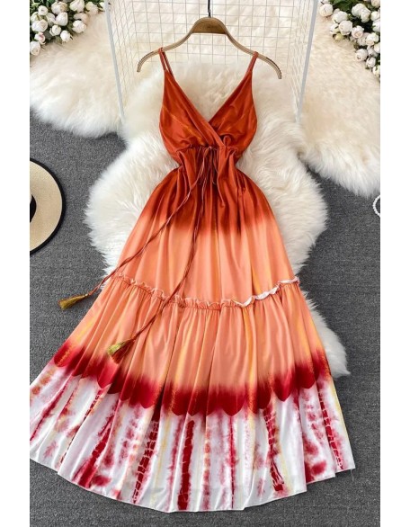 Fashion Tie Dye Print Long Dress Women Elegant High Waist Backless Straps Beach Dress