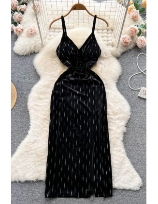 Fashion Women Long Dress Elegant V-neck High Waist Split Velvet Long Dress