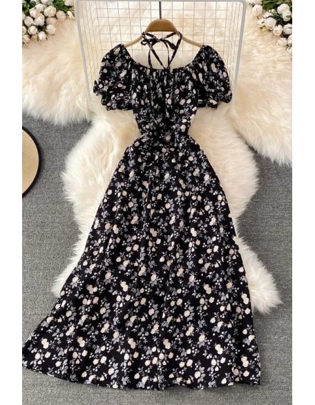 Women Dress Romantic Floral Print Bandage Neck Long Dress Fashion Lady Vacation Beach Dress