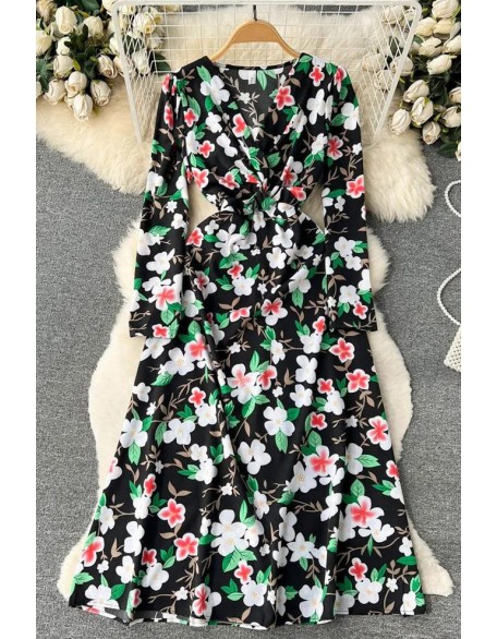 Fashion Floral Print Full Sleeve Long Dress Women Elegant High Waist A-line Party Dress