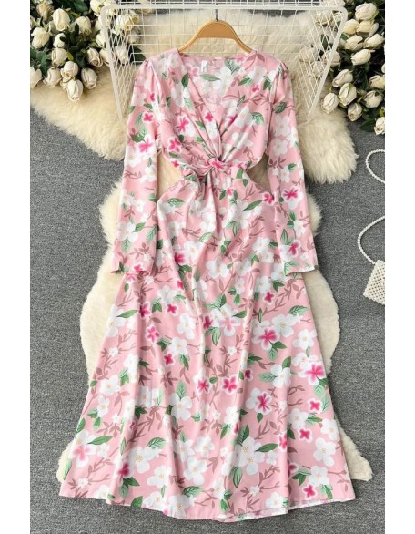 Fashion Floral Print Full Sleeve Long Dress Women Elegant High Waist A-line Party Dress