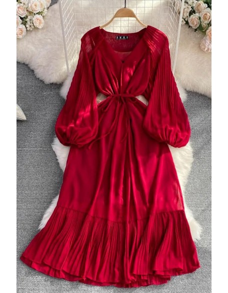 Women Dress Fashion Elegant Lace-up Ruffled Long Dress Lantern Sleeve Party Dress