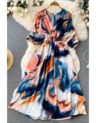 Women Dress Fashion Print Slim Waist Long Dress Vacation Beach Robe Dress