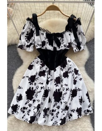 Fashion Slim High Waist Bandage Women Dress Elegant Gothic Black White Print Party Dress Ladies Dresses